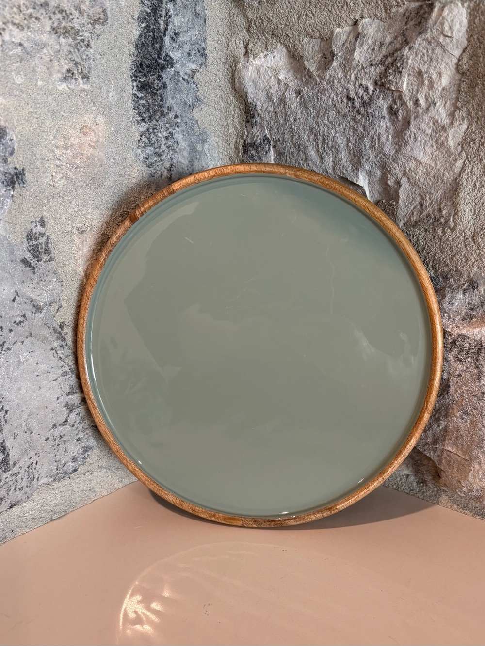 Round Decorative Serving Tray in Sage Green with Wood Rim
